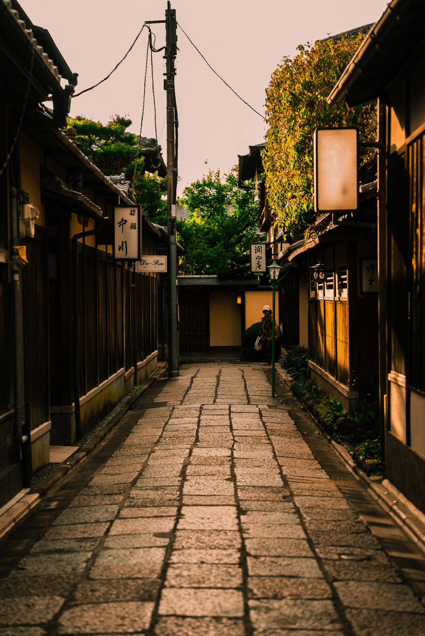 A quiet traditional street in Kyoto lined with wooden buildings.